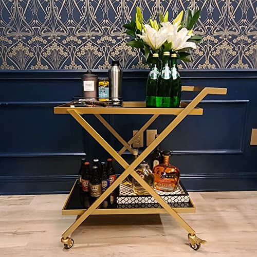 Gold Finish Bar Cart on Wheels with Locking Casters - 2-Tier Serving Cart for Home & Bar