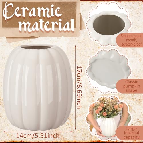 Minimalist White Ceramic Pumpkin Vase - 6.7 Inch Fall Decor, Utensil Holder