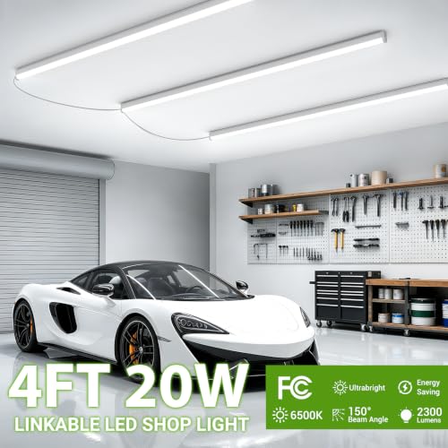 4 Pack LED Shop Lights 2300LM 6500K Bright White Garage Ceiling Fixtures Linkable