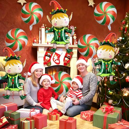 8Pcs Christmas Elf & Candy Balloons Set - Holiday Party Decorations