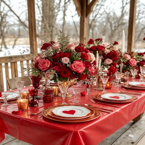 A01 Red Rectangle Disposable Tablecloth 2 Pack 54 x 108 in - Waterproof Plastic Table Cover