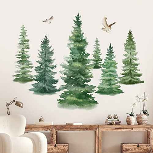decalmile 6 Watercolor Pine Tree Wall Decals Christmas Woodland Wall Stickers Nursery Bedroom Living Room Wall Decor(H: 37inches)