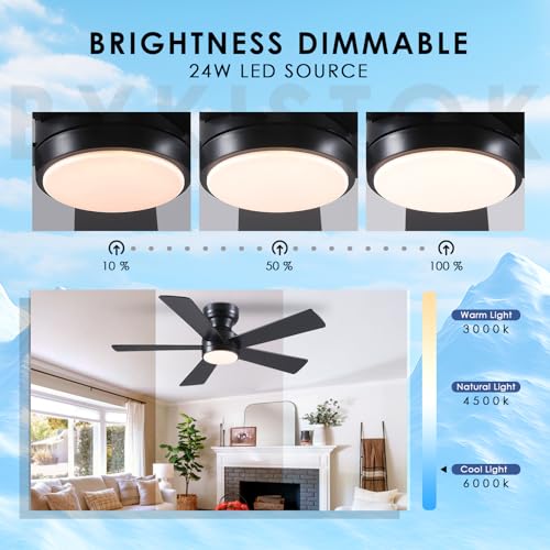 Black Ceiling Fans with Lights - 46" Flush Mount Fan Remote and 5