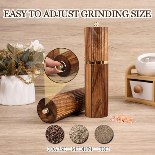 2 Pack Acacia Wood Salt and Pepper Grinder Set - Adjustable Ceramic Core, Gold Accents