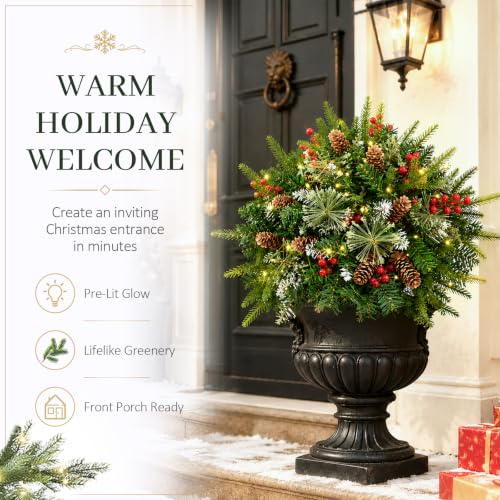NatuBeau 24-Inch Pre-lit Outdoor Christmas Urn Filler, Green, 2 Pack