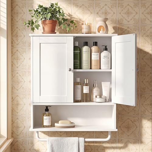 VASAGLE Wall Mounted Bathroom Cabinet with Towel Rod - Cloud White, 20" Rectangular, 2 Doors