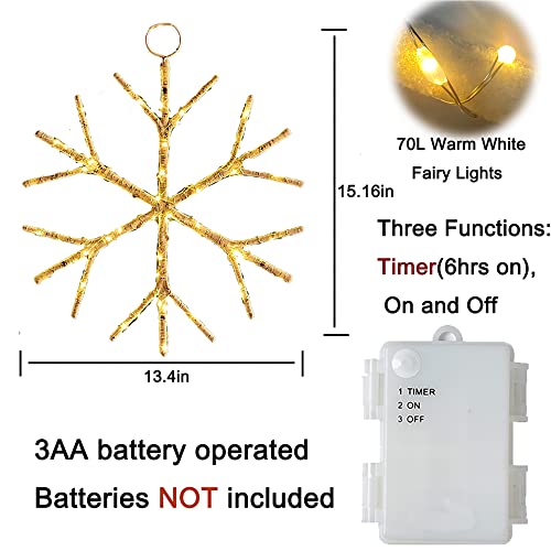 Hairui 2 Pack White Snowflake LED Lights Battery Operated with Timer 70 LEDs 14in Window Christmas Decor