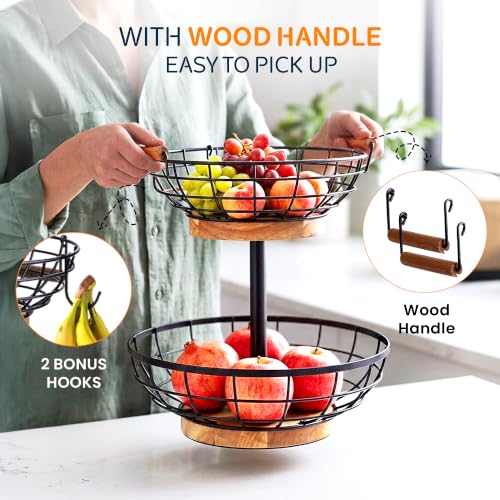 Round 2-Tier Fruit Basket with Banana Hanger, Metal & Wood Kitchen Organizer