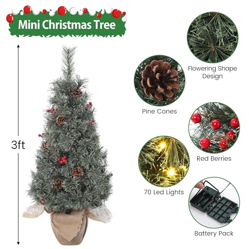 GarveeHome 3ft Green Pre-Lit Christmas Tree with Snow-Tipped Branches & Berries - Compact Holiday Decor