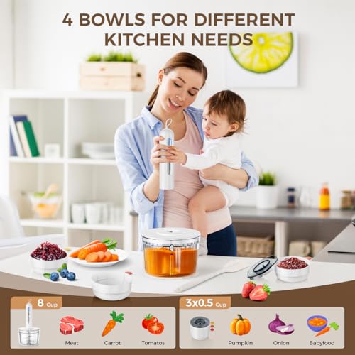 Cordless Food Processor with 4 Blades & 8-Cup Bowl - Compact Kitchen Chopper & Meat Grinder