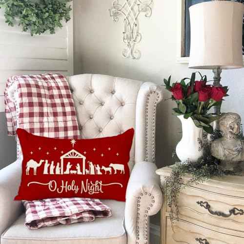 RABUSOFA Christmas Pillow Covers 12x20 Inch,Christmas Pillows Decorative Throw Pillow,O Holy Night Pillow Cases,Red Cushion Covers Decor Xmas Holiday Couch Sofa Cross Joy(22)