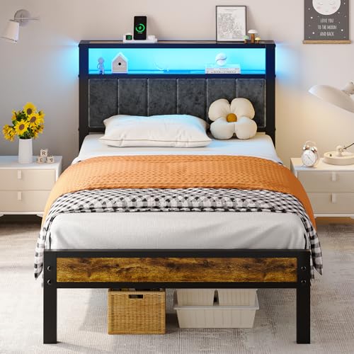 Liians Twin Size Bed Frame with LED Lights & Grey Upholstered Headboard