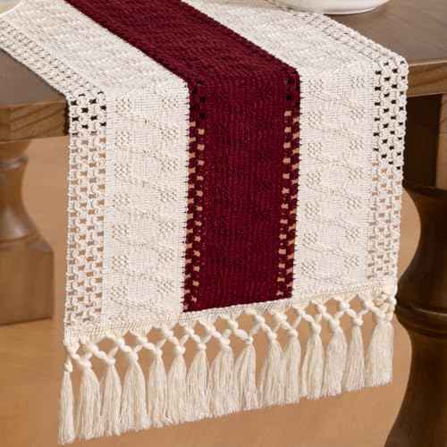 MLMW Christmas Table Runner 36 inches Boho Farmhouse Rustic Ivory Burgundy Small Coffee Table Runner Macrame Woven Centerpiece for Fireplace Mantel Living Room Dining Room Bedroom Home Decor