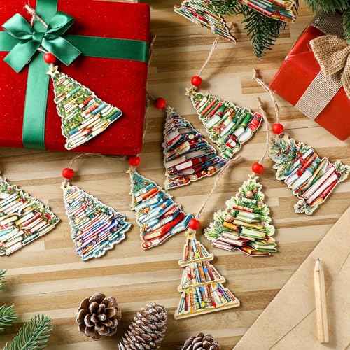 12 Pcs Christmas Tree Ornament Book Lovers Gifts Christmas Decoration Wooden Crafts 3D Design Hanging Decor for Xmas Decoration (Book Shaped)