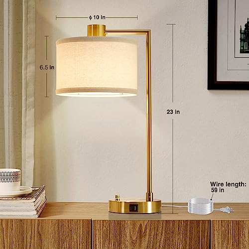 Gold Dimmable Table Lamp Set of 2 with USB-C & A Charging, Bedside Nightstand Lamps