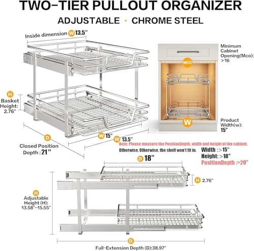 QUYUWU 15" W x 21" D 2-Tier Pull-Out Kitchen Cabinet Shelf Organizer