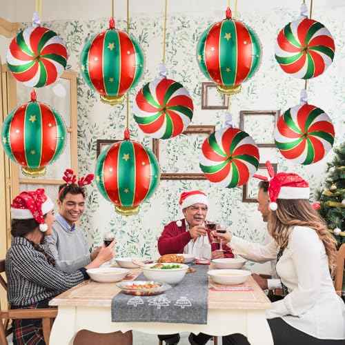 Christmas Foil Balloons, 9PCS Xmas Round Candy Lollipop Foil Balloons and Christmas Hanging Ball Mylar Balloons, Red Green Gold Xmas Sweetland Decorations for New Year Candies Party Decor