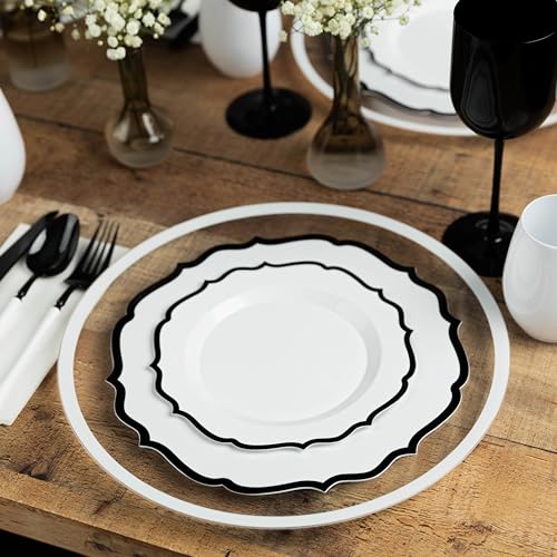 PLASTICPRO 128 Pack Disposable Plastic Plates Set - Elegant White & Black Contemporary Design, Includes 64 Dinner & 64 Salad Plates