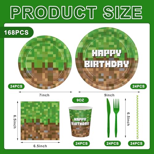 Detanpoly Pixel Birthday Party Supplies Set - 168pcs Serves 24, Plates Napkins Cups & Cutlery