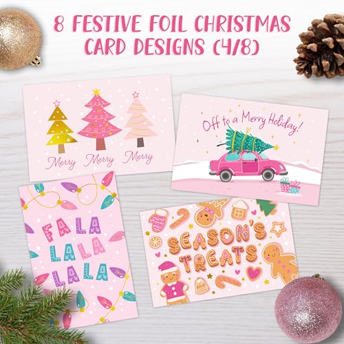Pink Foiled Christmas Cards 24-Pack with Envelopes 6x4in
