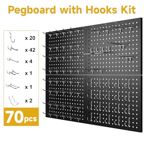 Peg Board Tool Organizer Set - 4 Panels 16x12 Inches with 70 Hooks - Black