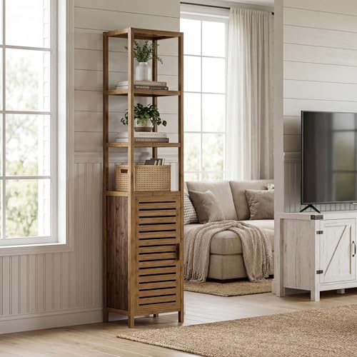 Walnut Bamboo Bathroom Tall Cabinet - 6 Tier Narrow Storage Unit with Removable Shelves