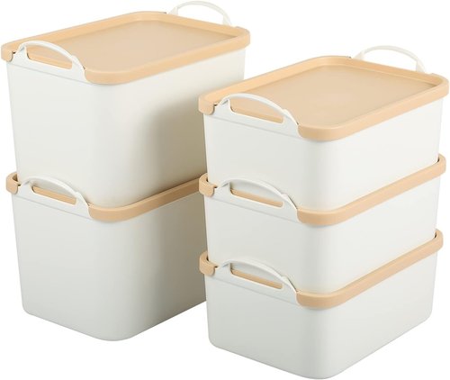 ANMINY Plastic Storage Bins - 5PCS Lidded Containers for Closet & Desktop Organization | Wheat Lids