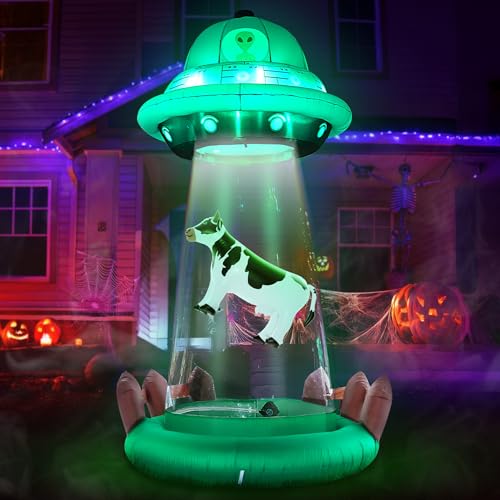 10 FT UFO Abduction Inflatable Halloween Decor with Cow & LED Lights - Outdoor Yard Decoration
