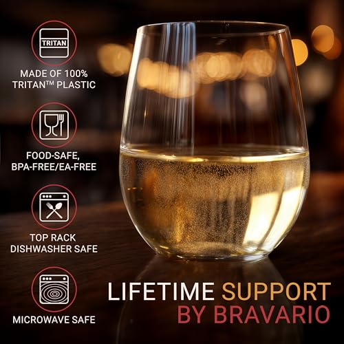 Bravario 16 oz Unbreakable Plastic Wine Glasses Set of 8 - Shatterproof, Dishwasher Safe, BPA-Free, Indoor & Outdoor Use