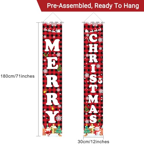 Aeergured Christmas Banner Red Black Buffalo Plaid 71" x 12" Welcome Porch Sign – Indoor/Outdoor, Santa Tree design, Merry Christmas, Reusable