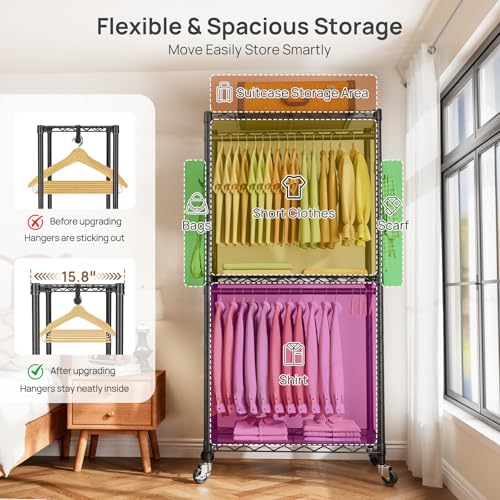 Golpart Black Heavy Duty Rolling Clothes Rack with Wheels, 15.75"D x 23.5"W x 72.45"H