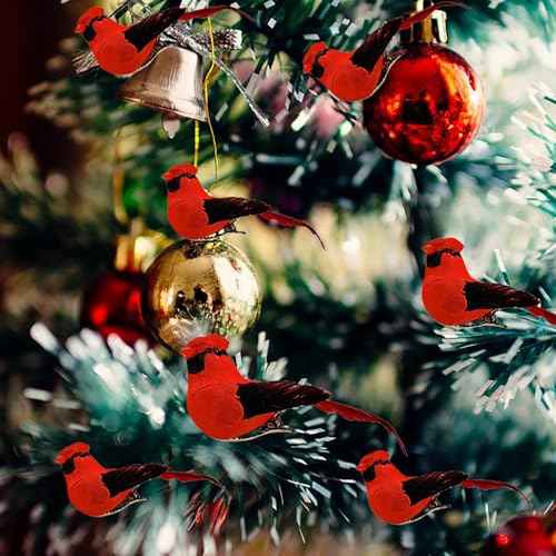 Cartanfill-Cardinal Clip On Christmas Tree Ornament Decorations, Set of 12, Red Feather Birds (Red D)