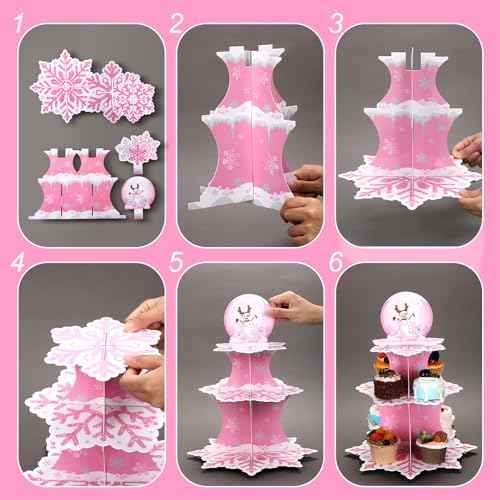 Zopeal 3 Tier Snowflake Cupcake Stand Winter Cake Stand Winter Dessert Tower Cupcake Tray Holder Snowflake Cake Stands for Birthday Party Christmas Holiday Decoration Supplies(Pink)