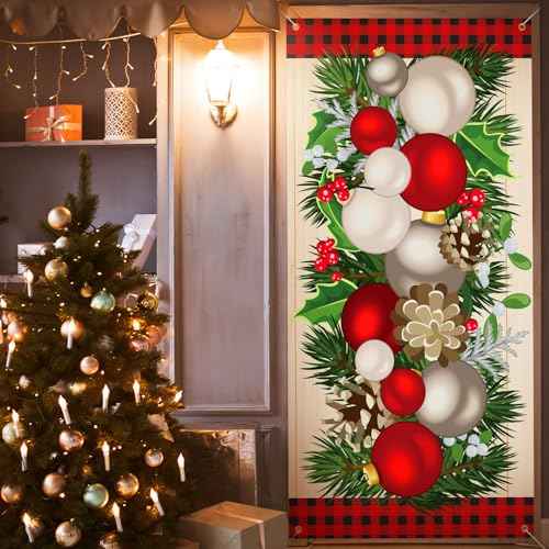 Buryeah Christmas Door Cover Christmas Ball Door Decorations Xmas Photography Background Banner Porch Sign for Front Outdoor Winter Holiday Farmhouse Party Supplies 70.9 x 35.4''