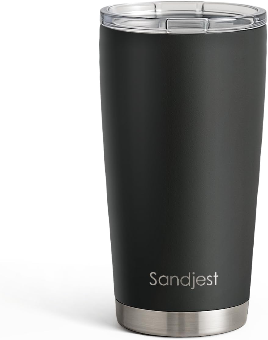 SANDJEST 20oz Black Tumbler - Stainless Steel Double Wall Vacuum Insulated Travel Coffee Cup