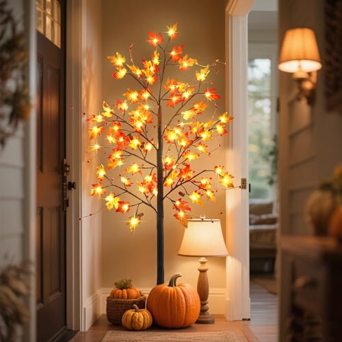 FORUP 5FT Lighted Maple Tree with LEDs Autumn Fall Decor for Thanksgiving & Halloween