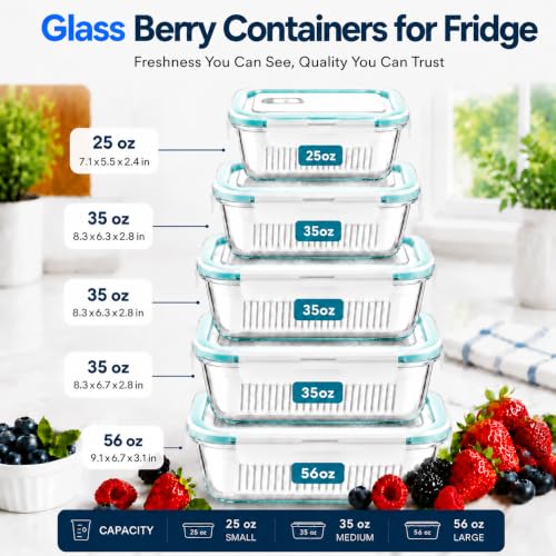 Glass Fruit & Berry Storage Containers Set with Removable Colanders and Vent Lids - 5 Pack, Multiple Sizes
