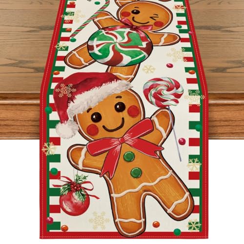 Artoid Mode Gingerbread Xmas Table Runner 13x72 Inch Red Holiday Decor