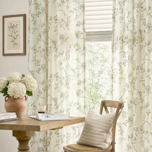 Charlotte Green Linen Floral Curtains - Farmhouse 50x84 Inches, Pack of 2