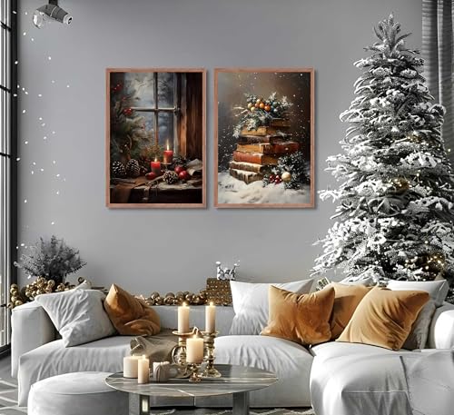 Paint by Number Set 2Pcs Christmas Snow Covered Book Stack & Cozy Window Nook 16x20in - Unframed