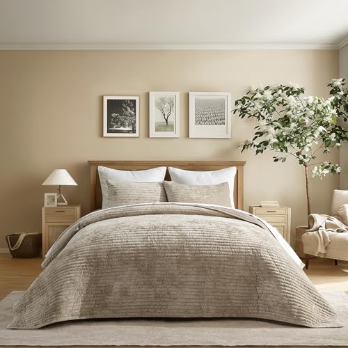 EverGrace King Size Velvet Quilt Set Beige Taupe Luxury Channel Stripe Bedding