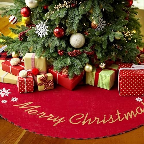 MACTING Christmas Tree Skirt 30 Inch Small Burlap Tree Mat with Red and Black Plaid Buffalo Edge Merry Christmas Printed for Holiday Party Indoor Home Xmas Tree Decorations,Red
