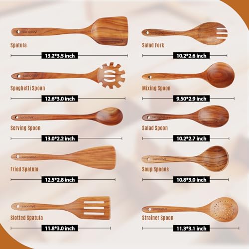 Mooues Wooden Cooking Utensils Set - Natural Teak Kitchen Tools, 10 Pieces