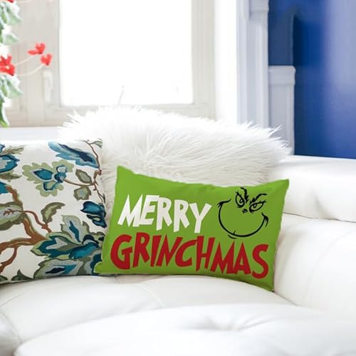 AOFANGGO Christmas Pillow Cover 12x20 inch Holiday Decorations Green Face Xmas Throw Pillow Cushion Cover for Bed Chair Sofa Couch Rectangle