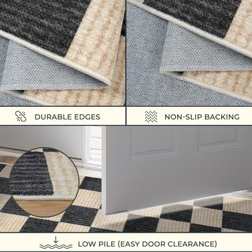8x10 Checkered Washable Area Rug - Non-Slip Black & White Living Room Floor Cover