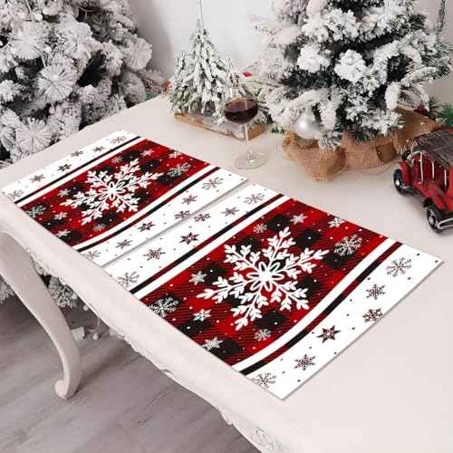 Farmhouse Plaid Snowflake Christmas Placemats Set of 4, 1218 Inch, Table Decorations