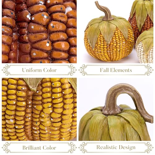 Large Fall Decorative Pumpkins Set of 3 - Valery Madelyn Resin Corn Figurines for Indoor & Outdoor Autumn Home Decor