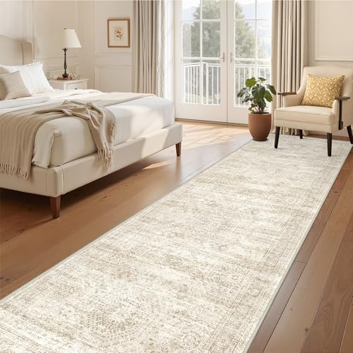Beige Non-Slip Washable Runner Rug 3x12ft Hallway Carpet - Vintage Style