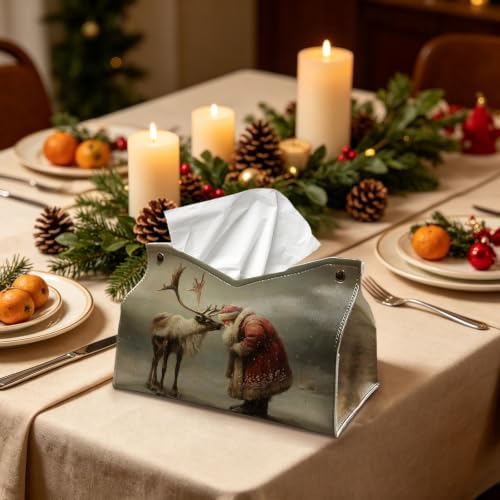 UTELKA Santa Deer Tissue Box Cover Rectangle, Winter Holder 9.8x6x7