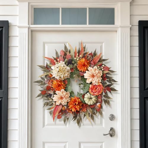 24 Inch Artificial Silk Hydrangea Fall Wreath for Front Door Decor